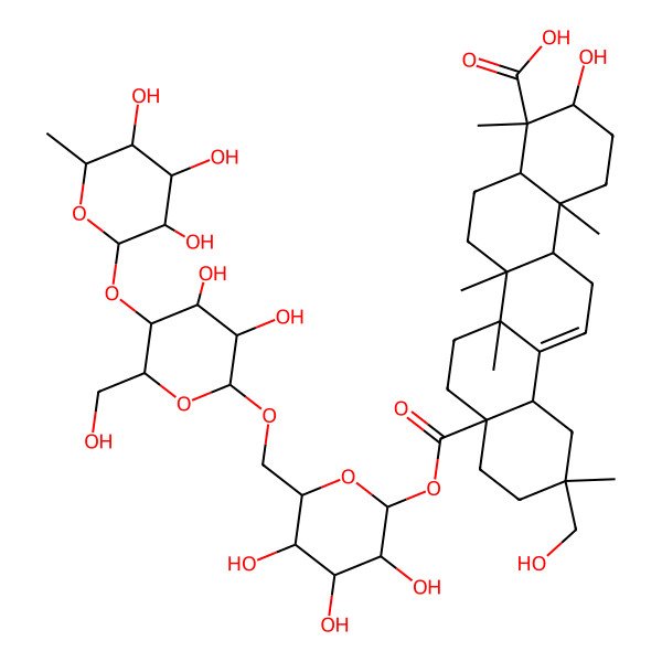 2D Structure of (3S,4S,4aR,6aR,6bS,8aR,11R,12aS,14aR,14bR)-8a-[(2S,3R,4S,5S,6R)-6-[[(2R,3R,4R,5S,6R)-3,4-dihydroxy-6-(hydroxymethyl)-5-[(2S,3R,4R,5R,6S)-3,4,5-trihydroxy-6-methyloxan-2-yl]oxyoxan-2-yl]oxymethyl]-3,4,5-trihydroxyoxan-2-yl]oxycarbonyl-3-hydroxy-11-(hydroxymethyl)-4,6a,6b,11,14b-pentamethyl-1,2,3,4a,5,6,7,8,9,10,12,12a,14,14a-tetradecahydropicene-4-carboxylic acid
