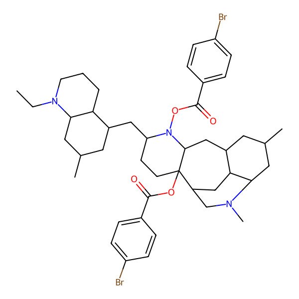2D Structure of [(1R,2S,5S,7S,9S,11R,13S,17R)-5-[[(4aS,5R,7S,8aR)-1-ethyl-7-methyl-3,4,4a,5,6,7,8,8a-octahydro-2H-quinolin-5-yl]methyl]-6-(4-bromobenzoyl)oxy-11,14-dimethyl-6,14-diazatetracyclo[7.6.2.02,7.013,17]heptadecan-2-yl] 4-bromobenzoate