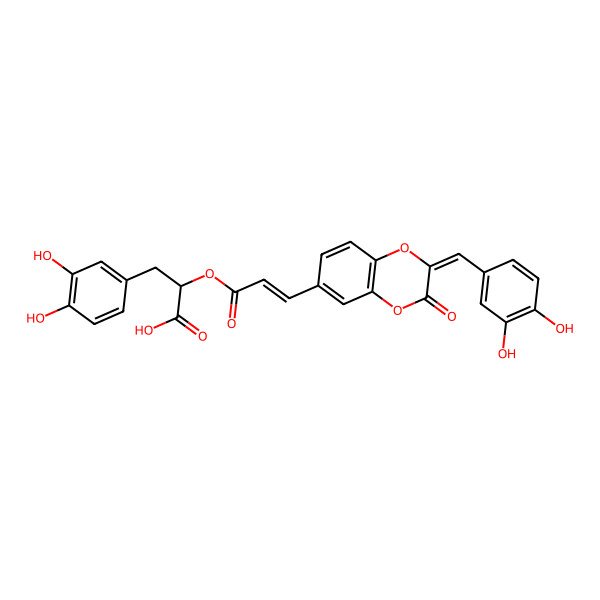 2D Structure of 3-(3,4-Dihydroxyphenyl)-2-[3-[2-[(3,4-dihydroxyphenyl)methylidene]-3-oxo-1,4-benzodioxin-6-yl]prop-2-enoyloxy]propanoic acid