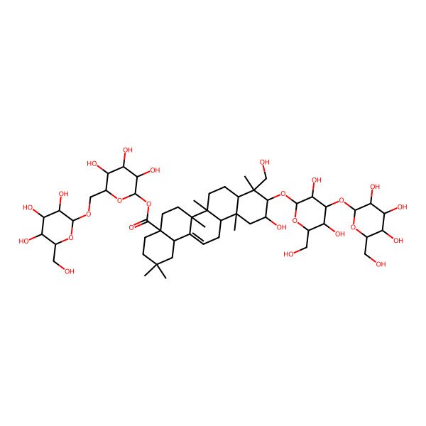 2D Structure of [(2S,3R,4S,5S,6R)-3,4,5-trihydroxy-6-[[(2S,3R,4S,5S,6R)-3,4,5-trihydroxy-6-(hydroxymethyl)oxan-2-yl]oxymethyl]oxan-2-yl] (4aS,6aR,6aS,6bR,8aR,9R,10R,11S,12aR,14bS)-10-[(2R,3R,4S,5R,6R)-3,5-dihydroxy-6-(hydroxymethyl)-4-[(2S,3R,4S,5S,6R)-3,4,5-trihydroxy-6-(hydroxymethyl)oxan-2-yl]oxyoxan-2-yl]oxy-11-hydroxy-9-(hydroxymethyl)-2,2,6a,6b,9,12a-hexamethyl-1,3,4,5,6,6a,7,8,8a,10,11,12,13,14b-tetradecahydropicene-4a-carboxylate