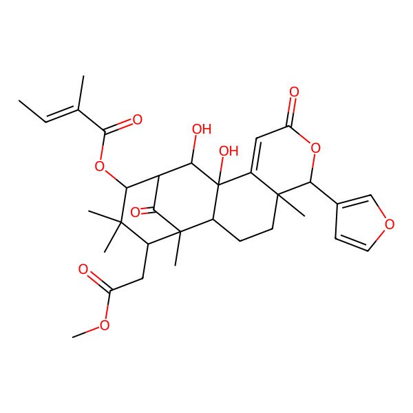 2D Structure of [(1S,2R,5R,6R,11R,12R,13S,14R,16S)-6-(furan-3-yl)-11,12-dihydroxy-16-(2-methoxy-2-oxoethyl)-1,5,15,15-tetramethyl-8,17-dioxo-7-oxatetracyclo[11.3.1.02,11.05,10]heptadec-9-en-14-yl] (E)-2-methylbut-2-enoate