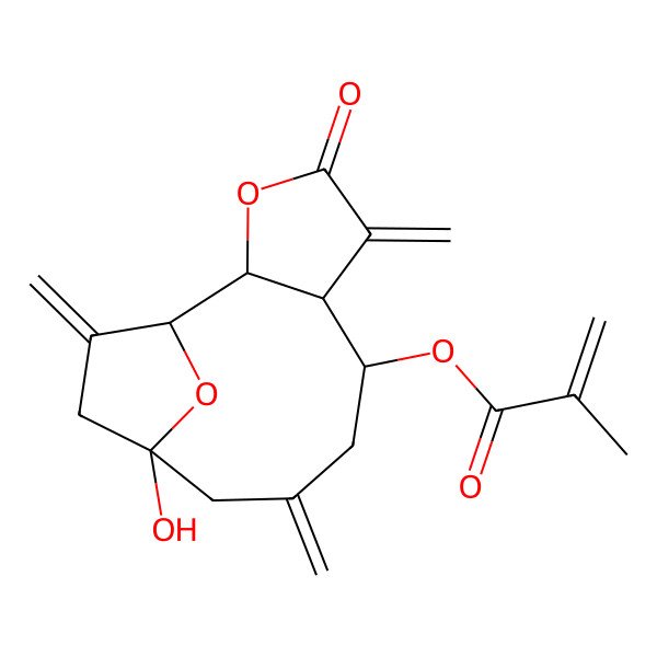 2D Structure of (11-Hydroxy-5,9,13-trimethylidene-4-oxo-3,14-dioxatricyclo[9.2.1.02,6]tetradecan-7-yl) 2-methylprop-2-enoate