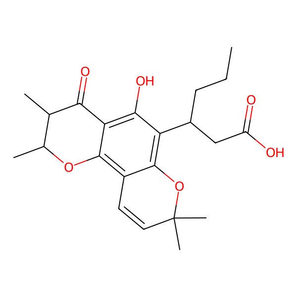 2D Structure of (3R)-3-[(2S,3R)-5-hydroxy-2,3,8,8-tetramethyl-4-oxo-2,3-dihydropyrano[2,3-h]chromen-6-yl]hexanoic acid