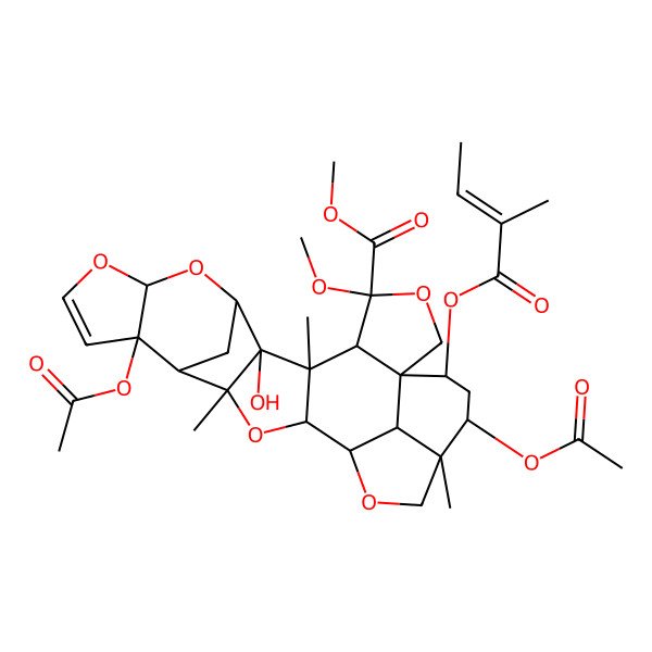 2D Structure of Methyl 14,23-diacetyloxy-7-hydroxy-4-methoxy-6,16,22-trimethyl-25-(2-methylbut-2-enoyloxy)-3,9,11,17,20-pentaoxaoctacyclo[17.6.1.18,15.01,5.06,18.07,16.010,14.022,26]heptacos-12-ene-4-carboxylate