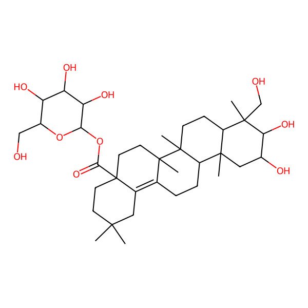 2D Structure of [(2S,3R,4S,5S,6R)-3,4,5-trihydroxy-6-(hydroxymethyl)oxan-2-yl] (4aS,6aR,6aS,6bR,8aR,9R,10R,11R,12aR)-10,11-dihydroxy-9-(hydroxymethyl)-2,2,6a,6b,9,12a-hexamethyl-1,3,4,5,6,6a,7,8,8a,10,11,12,13,14-tetradecahydropicene-4a-carboxylate