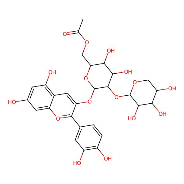 2D Structure of [(2R,3S,4S,5R,6S)-6-[2-(3,4-dihydroxyphenyl)-5,7-dihydroxychromenylium-3-yl]oxy-3,4-dihydroxy-5-[(2S,3R,4S,5R)-3,4,5-trihydroxyoxan-2-yl]oxyoxan-2-yl]methyl acetate