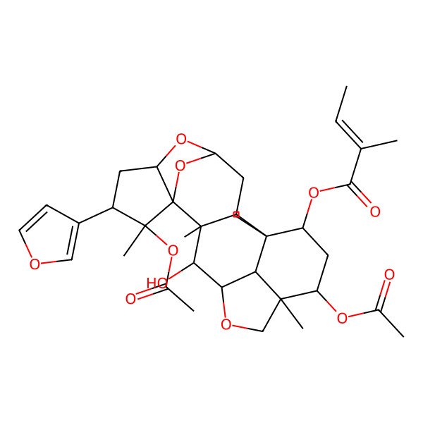 2D Structure of [(1R,2R,4R,6S,8S,9S,10S,11S,12S,13R,16R,17R,19S)-9,17-diacetyloxy-8-(furan-3-yl)-12-hydroxy-1,9,11,16-tetramethyl-5,14,21-trioxahexacyclo[11.6.1.14,10.02,11.06,10.016,20]henicosan-19-yl] (E)-2-methylbut-2-enoate