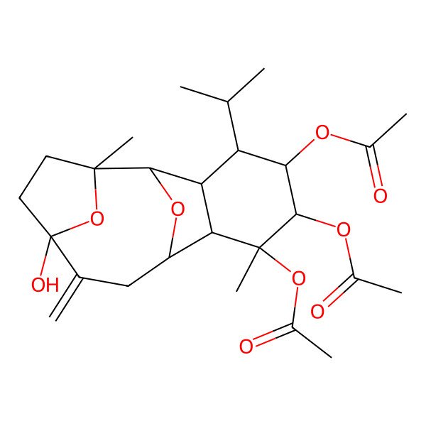 2D Structure of (10,11-Diacetyloxy-5-hydroxy-2,10-dimethyl-6-methylidene-13-propan-2-yl-15,16-dioxatetracyclo[6.6.1.12,5.09,14]hexadecan-12-yl) acetate