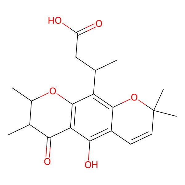 2D Structure of (3R)-3-[(7R,8S)-5-hydroxy-2,2,7,8-tetramethyl-6-oxo-7,8-dihydropyrano[3,2-g]chromen-10-yl]butanoic acid