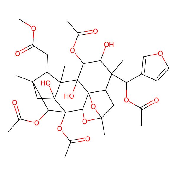 2D Structure of methyl 2-[(1S,2S,3R,5S,7R,8S,9R,10R,11R,12R,13S,14R,16R,17S)-1,10,17-triacetyloxy-8-[(S)-acetyloxy(furan-3-yl)methyl]-9,11,16-trihydroxy-5,8,12,14-tetramethyl-4,18-dioxahexacyclo[12.2.1.12,5.03,7.03,11.012,16]octadecan-13-yl]acetate