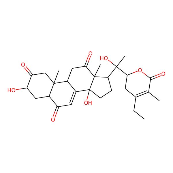 2D Structure of (3R,5R,9R,10R,13R,14R,17S)-17-[(1R)-1-[(2R)-4-ethyl-5-methyl-6-oxo-2,3-dihydropyran-2-yl]-1-hydroxyethyl]-3,14-dihydroxy-10,13-dimethyl-3,4,5,9,11,15,16,17-octahydro-1H-cyclopenta[a]phenanthrene-2,6,12-trione