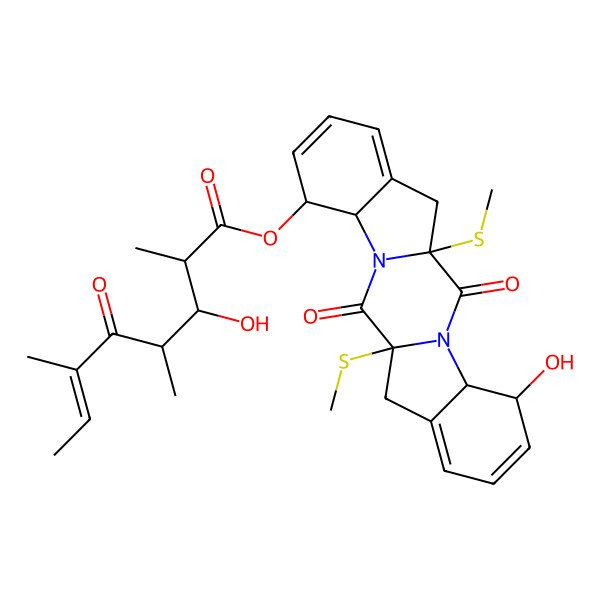 2D Structure of [15-Hydroxy-1,11-bis(methylsulfanyl)-2,12-dioxo-3,13-diazapentacyclo[11.7.0.03,11.04,9.014,19]icosa-6,8,16,18-tetraen-5-yl] 3-hydroxy-2,4,6-trimethyl-5-oxooct-6-enoate
