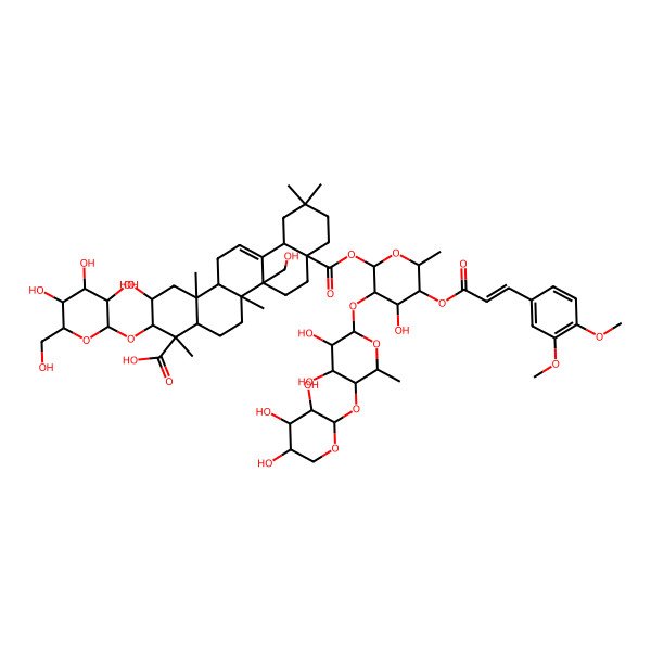 2D Structure of 8a-[3-[3,4-Dihydroxy-6-methyl-5-(3,4,5-trihydroxyoxan-2-yl)oxyoxan-2-yl]oxy-5-[3-(3,4-dimethoxyphenyl)prop-2-enoyloxy]-4-hydroxy-6-methyloxan-2-yl]oxycarbonyl-2-hydroxy-6b-(hydroxymethyl)-4,6a,11,11,14b-pentamethyl-3-[3,4,5-trihydroxy-6-(hydroxymethyl)oxan-2-yl]oxy-1,2,3,4a,5,6,7,8,9,10,12,12a,14,14a-tetradecahydropicene-4-carboxylic acid