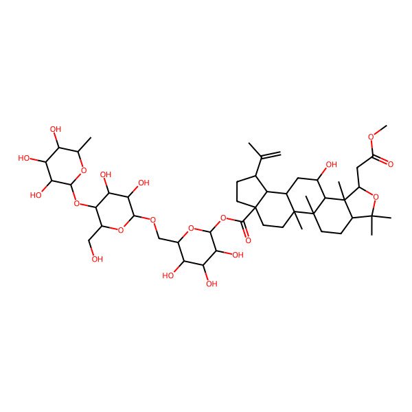 2D Structure of [(2S,3R,4S,5S,6R)-6-[[(2R,3R,4R,5S,6R)-3,4-dihydroxy-6-(hydroxymethyl)-5-[(2S,3R,4R,5R,6S)-3,4,5-trihydroxy-6-methyloxan-2-yl]oxyoxan-2-yl]oxymethyl]-3,4,5-trihydroxyoxan-2-yl] (1R,2R,5R,8R,9R,10S,11R,13R,14R,15R,18S)-11-hydroxy-8-(2-methoxy-2-oxoethyl)-1,2,6,6,9-pentamethyl-15-prop-1-en-2-yl-7-oxapentacyclo[11.7.0.02,10.05,9.014,18]icosane-18-carboxylate