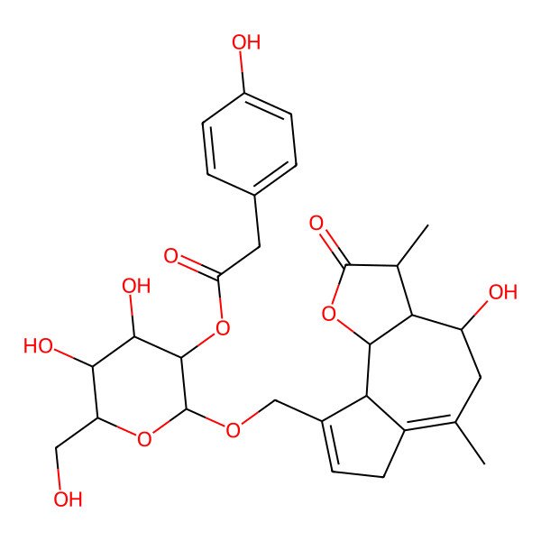 2D Structure of [(2R,3R,4S,5S,6R)-2-[[(3S,3aR,4S,9aR,9bR)-4-hydroxy-3,6-dimethyl-2-oxo-3a,4,5,7,9a,9b-hexahydro-3H-azuleno[8,7-b]furan-9-yl]methoxy]-4,5-dihydroxy-6-(hydroxymethyl)oxan-3-yl] 2-(4-hydroxyphenyl)acetate