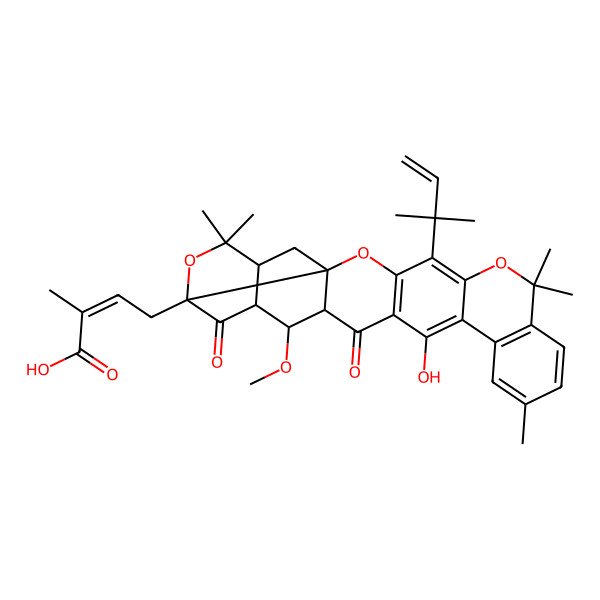 2D Structure of 4-[15-Hydroxy-11-methoxy-6,6,19,23,23-pentamethyl-26-(2-methylbut-3-en-2-yl)-9,13-dioxo-2,7,24-trioxaheptacyclo[12.12.0.03,8.03,12.05,10.016,25.017,22]hexacosa-1(14),15,17(22),18,20,25-hexaen-8-yl]-2-methylbut-2-enoic acid