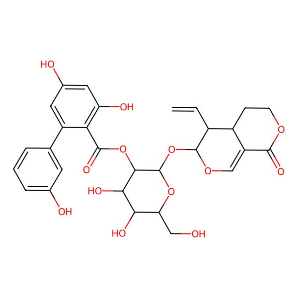 2D Structure of [2-[[(4aR)-4-ethenyl-8-oxo-4,4a,5,6-tetrahydro-3H-pyrano[3,4-c]pyran-3-yl]oxy]-4,5-dihydroxy-6-(hydroxymethyl)oxan-3-yl] 2,4-dihydroxy-6-(3-hydroxyphenyl)benzoate