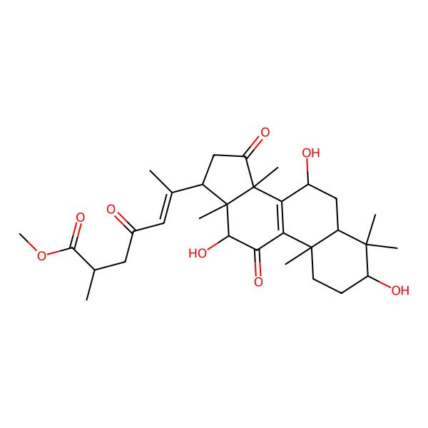 2D Structure of methyl 2-methyl-4-oxo-6-(3,7,12-trihydroxy-4,4,10,13,14-pentamethyl-11,15-dioxo-2,3,5,6,7,12,16,17-octahydro-1H-cyclopenta[a]phenanthren-17-yl)hept-5-enoate