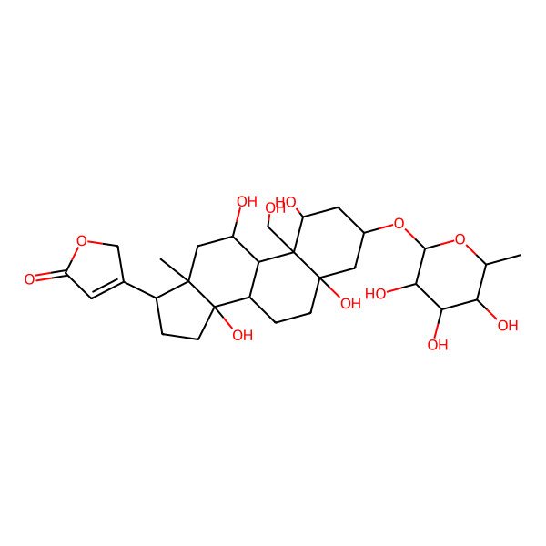 2D Structure of 4-[3A,5A,9,10-Tetrahydroxy-9A-(hydroxymethyl)-11A-methyl-7-[(3,4,5-trihydroxy-6-methyloxan-2-YL)oxy]-hexadecahydro-1H-cyclopenta[A]phenanthren-1-YL]-2,5-dihydrofuran-2-one