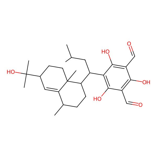 2D Structure of 5-[(1R)-1-[(1R,4R,6S,8aR)-6-(2-hydroxypropan-2-yl)-4,8a-dimethyl-2,3,4,6,7,8-hexahydro-1H-naphthalen-1-yl]-3-methylbutyl]-2,4,6-trihydroxybenzene-1,3-dicarbaldehyde
