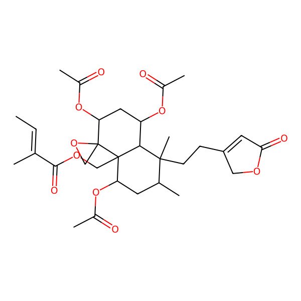 2D Structure of [1,3,5-triacetyloxy-7,8-dimethyl-8-[2-(5-oxo-2H-furan-3-yl)ethyl]spiro[2,3,5,6,7,8a-hexahydro-1H-naphthalene-4,2'-oxirane]-4a-yl]methyl 2-methylbut-2-enoate