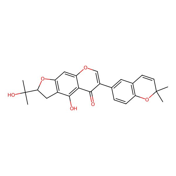 2D Structure of (2R)-6-(2,2-dimethylchromen-6-yl)-4-hydroxy-2-(2-hydroxypropan-2-yl)-2,3-dihydrofuro[3,2-g]chromen-5-one