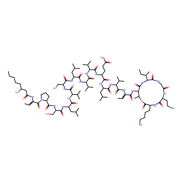 2D Structure of (2R)-N-[(2R)-1-[[(2R)-1-[[(Z)-1-[[(3S,6S,12R,15R,16S)-3-(4-aminobutyl)-6-(2-aminoethyl)-12-[(2R)-butan-2-yl]-16-methyl-2,5,8,11,14-pentaoxo-1-oxa-4,7,10,13-tetrazacyclohexadec-15-yl]amino]-1-oxobut-2-en-2-yl]amino]-3-methyl-1-oxobutan-2-yl]amino]-4-methyl-1-oxopentan-2-yl]-2-[[(2R)-2-[[(2R)-2-[[(2R)-2-[[(2S)-3-hydroxy-2-[[(2R)-2-[[(2S)-2-[[(2R)-3-hydroxy-2-[[(2R)-1-[(Z)-2-[[(3S)-3-hydroxyoctanoyl]amino]but-2-enoyl]pyrrolidine-2-carbonyl]amino]propanoyl]amino]-4-methylpentanoyl]amino]-3-methylbutanoyl]amino]propanoyl]amino]-4-methylpentanoyl]amino]-3-methylbutanoyl]amino]-3-methylbutanoyl]amino]pentanediamide