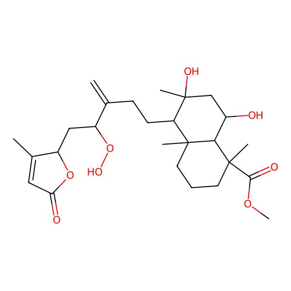 2D Structure of methyl 5-[4-hydroperoxy-3-methylidene-5-(3-methyl-5-oxo-2H-furan-2-yl)pentyl]-6,8-dihydroxy-1,4a,6-trimethyl-3,4,5,7,8,8a-hexahydro-2H-naphthalene-1-carboxylate