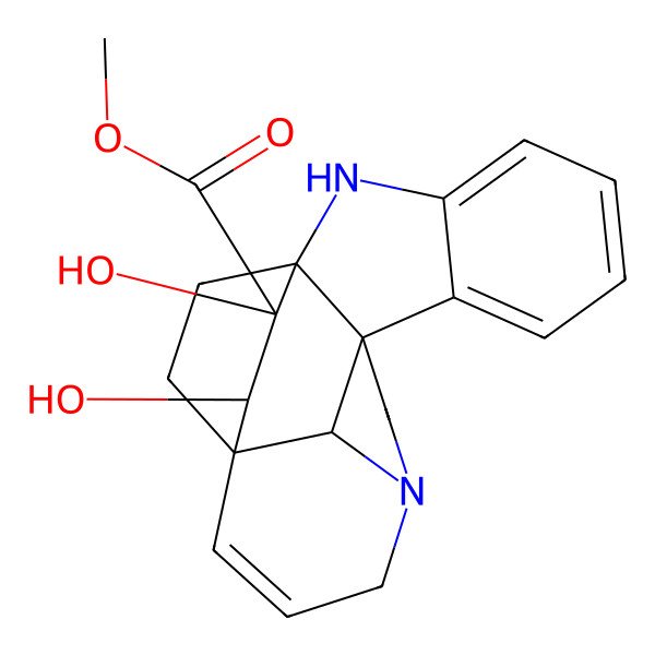 2D Structure of methyl (9R,17S,18R,21R)-17,18-dihydroxy-2,12-diazahexacyclo[14.2.2.19,12.01,9.03,8.016,21]henicosa-3,5,7,14-tetraene-18-carboxylate