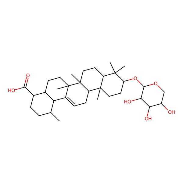 2D Structure of (1S,4R,4aS,6aR,6aS,6bR,8aS,10S,12aR,14bS)-1,6a,6b,9,9,12a-hexamethyl-10-[(2R,3R,4S,5S)-3,4,5-trihydroxyoxan-2-yl]oxy-1,2,3,4,4a,5,6,6a,7,8,8a,10,11,12,13,14b-hexadecahydropicene-4-carboxylic acid