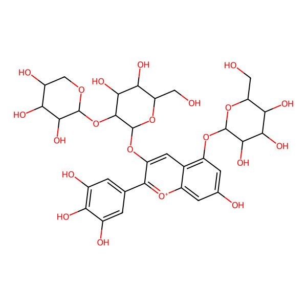 2D Structure of (2S,3R,4S,5S,6R)-2-[3-[(2S,3R,4S,5R,6R)-4,5-dihydroxy-6-(hydroxymethyl)-3-[(2R,3R,4R,5R)-3,4,5-trihydroxyoxan-2-yl]oxyoxan-2-yl]oxy-7-hydroxy-2-(3,4,5-trihydroxyphenyl)chromenylium-5-yl]oxy-6-(hydroxymethyl)oxane-3,4,5-triol
