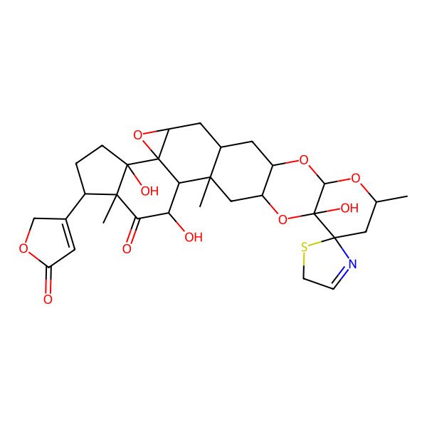 2D Structure of (2I+/-,3I(2),5I+/-,7I(2),11I+/-)-7,8-Epoxy-11,14-dihydroxy-2,3-[[(6S,7S,9R)-6-hydroxy-9-methyl-8-oxa-1-thia-4-azaspiro[4.5]dec-3-ene-6,7-diyl]bis(oxy)]-12-oxocard-20(22)-enolide