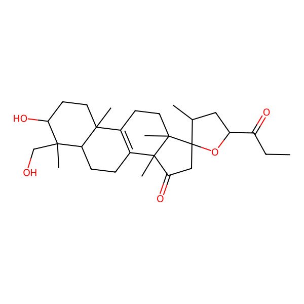 2D Structure of (3S,3'R,4S,5R,5'S,10S,13S,14S,17S)-3-hydroxy-4-(hydroxymethyl)-3',4,10,13,14-pentamethyl-5'-propanoylspiro[2,3,5,6,7,11,12,16-octahydro-1H-cyclopenta[a]phenanthrene-17,2'-oxolane]-15-one