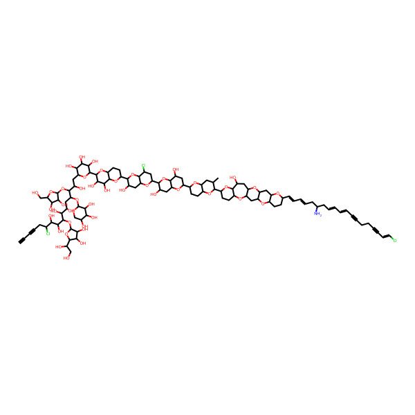 2D Structure of 1-[6-[6-[6-[6-[2-[7-[(18Z)-6-amino-19-chlorononadeca-1,3,8,10,18-pentaen-12,16-diynyl]-22-hydroxy-2,6,11,15,20-pentaoxapentacyclo[12.9.0.03,12.05,10.016,21]tricosan-19-yl]-3-methyl-2,3,4,4a,6,7,8,8a-octahydropyrano[3,2-b]pyran-6-yl]-3,8-dihydroxy-2,3,4,4a,6,7,8,8a-octahydropyrano[3,2-b]pyran-2-yl]-8-chloro-3-hydroxy-2,3,4,4a,6,7,8,8a-octahydropyrano[3,2-b]pyran-2-yl]-3,4-dihydroxy-2,3,4,4a,6,7,8,8a-octahydropyrano[3,2-b]pyran-2-yl]-3,4,5-trihydroxyoxan-2-yl]-11-chloro-8-[5-(1,2-dihydroxyethyl)-3,4-dihydroxyoxolan-2-yl]oxy-3-[3,4-dihydroxy-5-(hydroxymethyl)oxolan-2-yl]oxy-4-(3,4,5-trihydroxyoxan-2-yl)oxyhexadeca-13,15-diyne-2,6,7,9,10-pentol