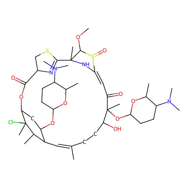 2D Structure of 22-Chloro-14,24-bis[[5-(dimethylamino)-6-methyloxan-2-yl]oxy]-15-hydroxy-9-methoxy-8,14,18,21,22-pentamethyl-10-oxo-2-oxa-6,10lambda4-dithia-25,26-diazatetracyclo[18.2.2.14,7.18,11]hexacosa-7(26),11,18-triene-3,13-dione