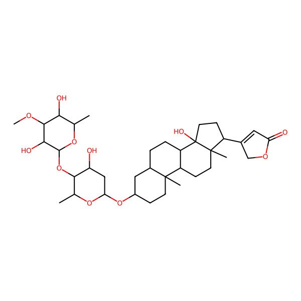 2D Structure of 3-[3-[5-(3,5-dihydroxy-4-methoxy-6-methyloxan-2-yl)oxy-4-hydroxy-6-methyloxan-2-yl]oxy-14-hydroxy-10,13-dimethyl-1,2,3,4,5,6,7,8,9,11,12,15,16,17-tetradecahydrocyclopenta[a]phenanthren-17-yl]-2H-furan-5-one