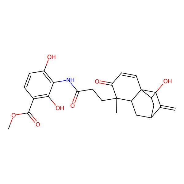 2D Structure of Methyl 2,4-dihydroxy-3-[3-(11-hydroxy-5-methyl-9-methylidene-4-oxo-5-tricyclo[6.2.2.01,6]dodec-2-enyl)propanoylamino]benzoate