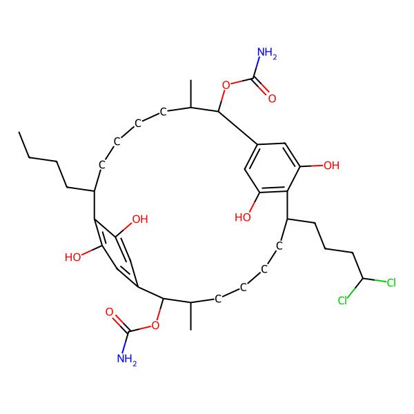 2D Structure of [(2R,3S,8S,13R,14S,19S)-8-butyl-13-carbamoyloxy-19-(4,4-dichlorobutyl)-10,21,24,26-tetrahydroxy-3,14-dimethyl-2-tricyclo[18.2.2.29,12]hexacosa-1(22),9,11,20,23,25-hexaenyl] carbamate