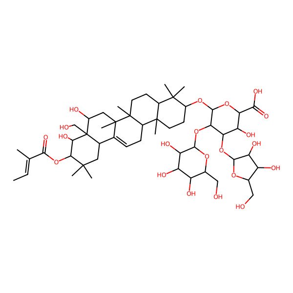 2D Structure of 6-[[8,9-Dihydroxy-8a-(hydroxymethyl)-4,4,6a,6b,11,11,14b-heptamethyl-10-(2-methylbut-2-enoyloxy)-1,2,3,4a,5,6,7,8,9,10,12,12a,14,14a-tetradecahydropicen-3-yl]oxy]-4-[3,4-dihydroxy-5-(hydroxymethyl)oxolan-2-yl]oxy-3-hydroxy-5-[3,4,5-trihydroxy-6-(hydroxymethyl)oxan-2-yl]oxyoxane-2-carboxylic acid