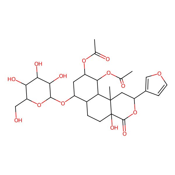 2D Structure of [(2S,4aS,6aS,7R,9S,10R,10aR,10bS)-10-acetyloxy-2-(furan-3-yl)-4a-hydroxy-10b-methyl-4-oxo-7-[(2R,3R,4S,5S,6R)-3,4,5-trihydroxy-6-(hydroxymethyl)oxan-2-yl]oxy-1,2,5,6,6a,7,8,9,10,10a-decahydrobenzo[f]isochromen-9-yl] acetate