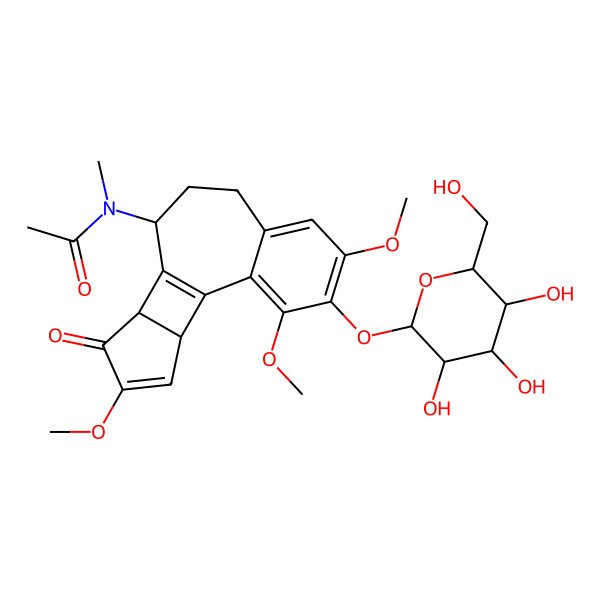 2D Structure of N-methyl-N-[3,5,14-trimethoxy-13-oxo-4-[3,4,5-trihydroxy-6-(hydroxymethyl)oxan-2-yl]oxy-10-tetracyclo[9.5.0.02,7.012,16]hexadeca-1(11),2,4,6,14-pentaenyl]acetamide