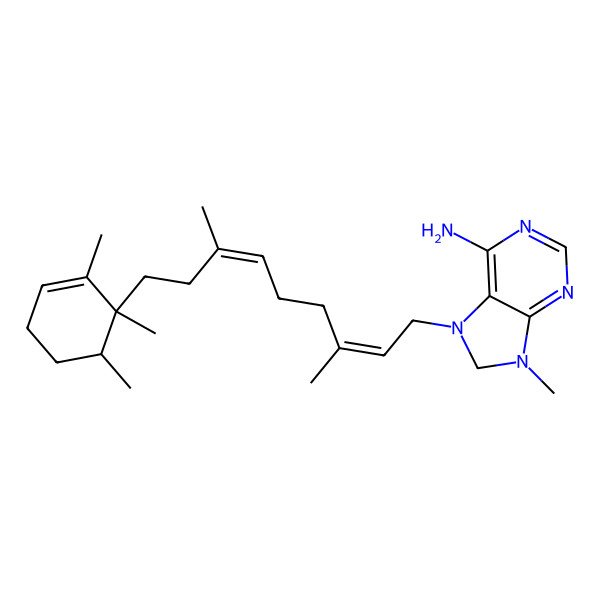 2D Structure of 7-[(2E,6E)-3,7-dimethyl-9-[(1S,6R)-1,2,6-trimethylcyclohex-2-en-1-yl]nona-2,6-dienyl]-9-methyl-8H-purin-6-amine