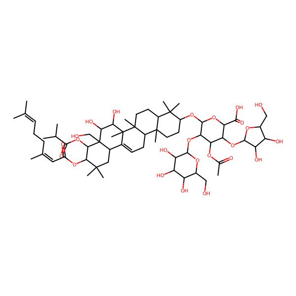 2D Structure of 4-Acetyloxy-3-[3,4-dihydroxy-5-(hydroxymethyl)oxolan-2-yl]oxy-6-[[10-(3,7-dimethylocta-2,6-dienoyloxy)-7,8-dihydroxy-8a-(hydroxymethyl)-4,4,6a,6b,11,11,14b-heptamethyl-9-(2-methylpropanoyloxy)-1,2,3,4a,5,6,7,8,9,10,12,12a,14,14a-tetradecahydropicen-3-yl]oxy]-5-[3,4,5-trihydroxy-6-(hydroxymethyl)oxan-2-yl]oxyoxane-2-carboxylic acid