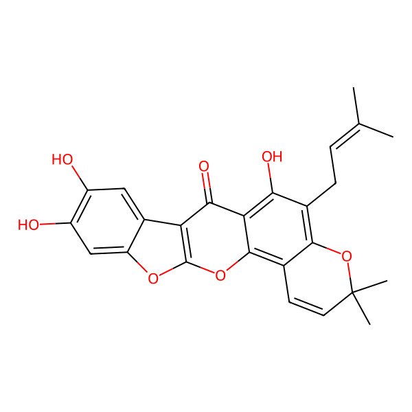 2D Structure of 6,7,21-Trihydroxy-17,17-dimethyl-20-(3-methylbut-2-enyl)-10,12,18-trioxapentacyclo[11.8.0.03,11.04,9.014,19]henicosa-1(21),3(11),4,6,8,13,15,19-octaen-2-one