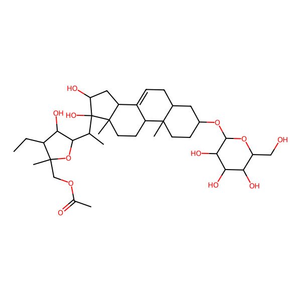 2D Structure of [5-[1-[16,17-Dihydroxy-10,13-dimethyl-3-[3,4,5-trihydroxy-6-(hydroxymethyl)oxan-2-yl]oxy-1,2,3,4,5,6,9,11,12,14,15,16-dodecahydrocyclopenta[a]phenanthren-17-yl]ethyl]-3-ethyl-4-hydroxy-2-methyloxolan-2-yl]methyl acetate