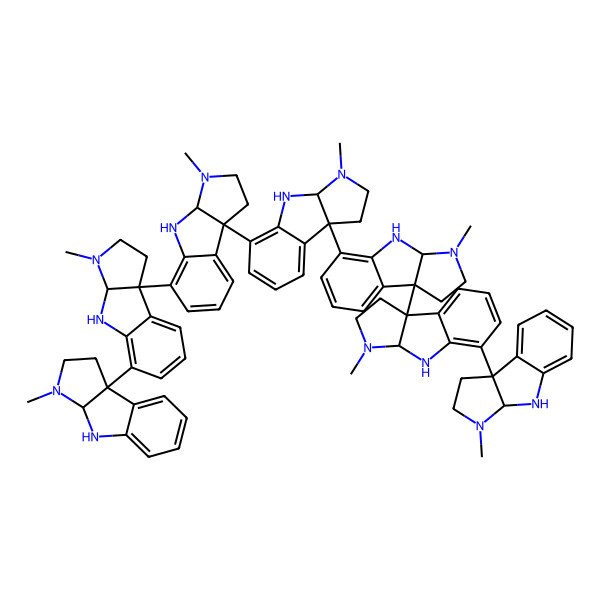 2D Structure of (3aR,8bR)-5-[(3aR,8bR)-5-[(3aS,8bS)-5-[(3aR,8bR)-5-[(3aR,8bR)-3-methyl-1,2,3a,4-tetrahydropyrrolo[2,3-b]indol-8b-yl]-3-methyl-1,2,3a,4-tetrahydropyrrolo[2,3-b]indol-8b-yl]-3-methyl-1,2,3a,4-tetrahydropyrrolo[2,3-b]indol-8b-yl]-3-methyl-1,2,3a,4-tetrahydropyrrolo[2,3-b]indol-8b-yl]-8b-[(3aR,8bR)-5-[(3aS,8bS)-3-methyl-1,2,3a,4-tetrahydropyrrolo[2,3-b]indol-8b-yl]-3-methyl-1,2,3a,4-tetrahydropyrrolo[2,3-b]indol-8b-yl]-3-methyl-1,2,3a,4-tetrahydropyrrolo[2,3-b]indole