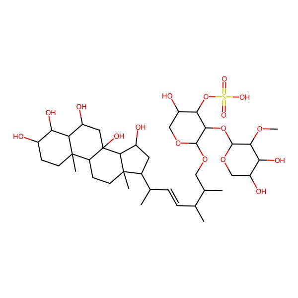 2D Structure of [(2R,3R,4S,5R)-3-[(2S,3R,4S,5R)-4,5-dihydroxy-3-methoxy-tetrahydropyran-2-yl]oxy-2-[(E,2S,3R,6R)-2,3-dimethyl-6-[(3S,4R,5S,6S,8S,9R,10S,13R,14S,15R,17R)-3,4,6,8,15-pentahydroxy-10,13-dimethyl-1,2,3,4,5,6,7,9,11,12,14,15,16,17-tetradecahydrocyclopenta[a]phenanthren-17-yl]hept-4-enoxy]-5-hydroxy-tetrahydropyran-4-yl] hydrogen sulfate