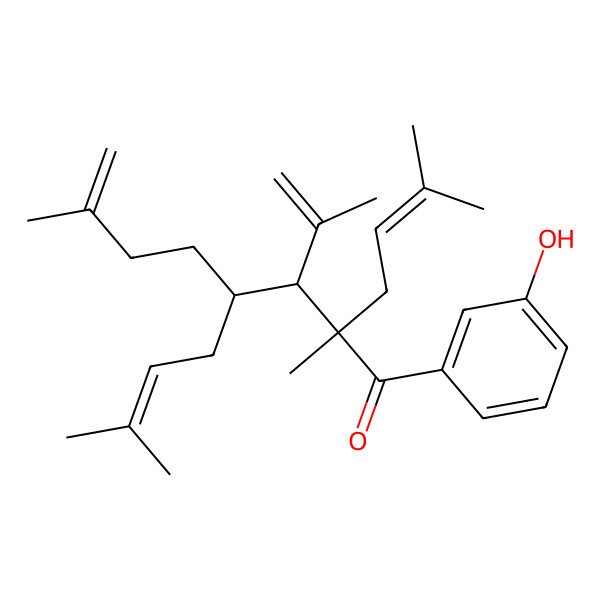 2D Structure of 1-(3-Hydroxyphenyl)-2,7-dimethyl-2-(3-methylbut-2-enyl)-4-(3-methylbut-3-enyl)-3-prop-1-en-2-yloct-6-en-1-one