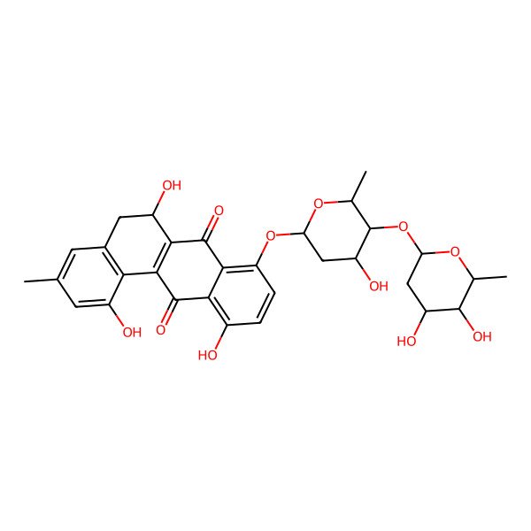 2D Structure of 8-[5-(4,5-Dihydroxy-6-methyloxan-2-yl)oxy-4-hydroxy-6-methyloxan-2-yl]oxy-1,6,11-trihydroxy-3-methyl-5,6-dihydrobenzo[a]anthracene-7,12-dione