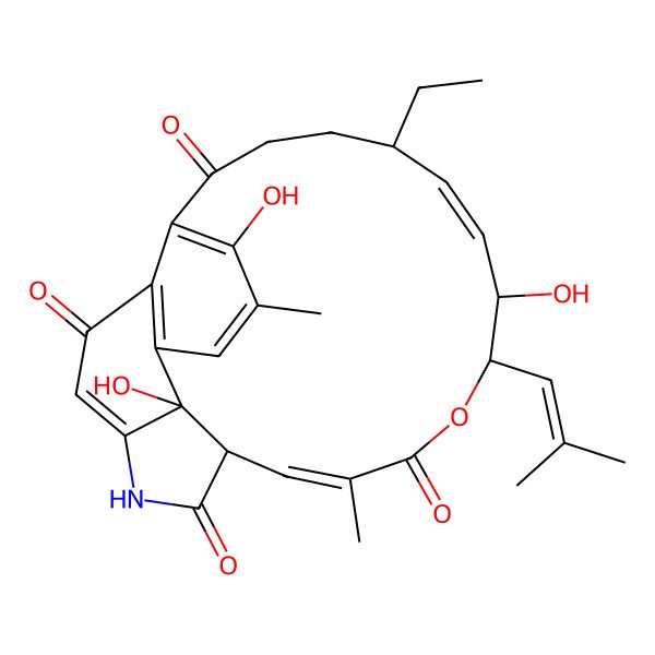 2D Structure of (9R,10Z,12R,13R,16Z,18R,25R)-9-ethyl-4,12,25-trihydroxy-3,16-dimethyl-13-(2-methylprop-1-enyl)-14-oxa-20-azatetracyclo[16.6.1.05,24.021,25]pentacosa-1(24),2,4,10,16,21-hexaene-6,15,19,23-tetrone